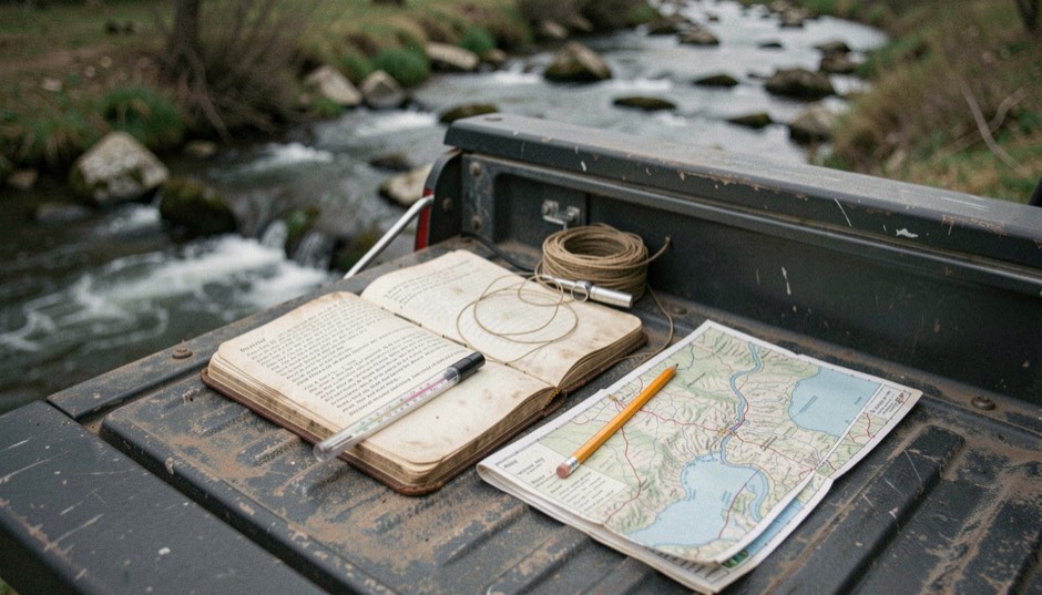 Weathered field journal lying open on a tailgate beside a stream thermometer, spooled tippet, a pencil and a folded river map
