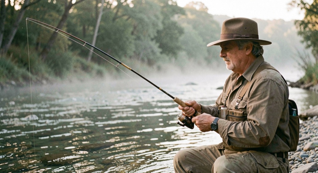 Angler in a felt hat working a short dry fly cast across a clear river run at first light with mist still on the water