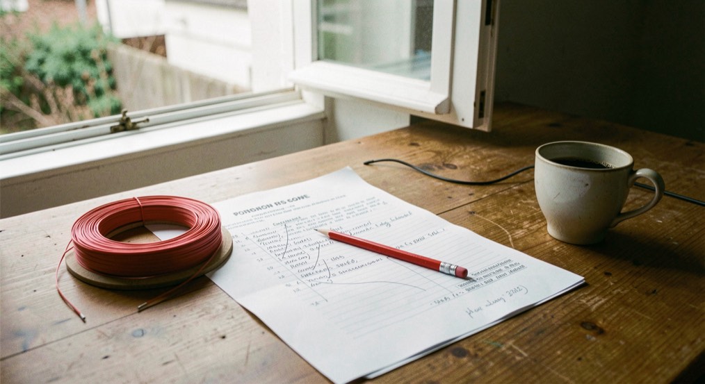 Editing desk scene with a marked up printed draft, a red pencil, a fly line coil and a cup of coffee beside an open window