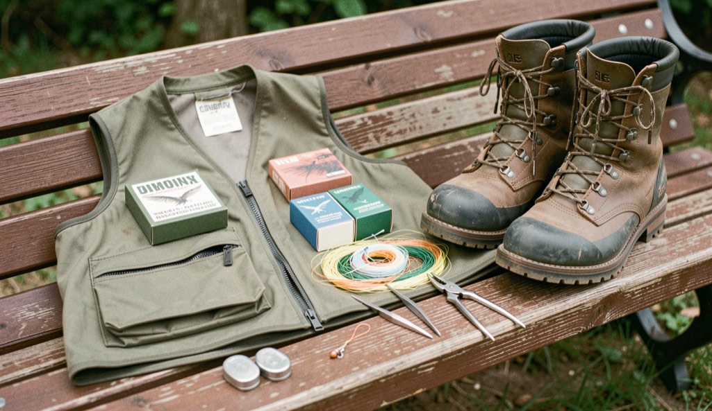 Fly vest laid open on a wooden bench showing fly boxes, spooled tippet, nippers and forceps arranged beside a pair of laced wading boots
