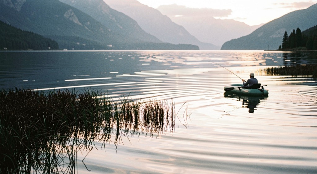 Calm mountain lake at morning with long wind lanes streaking the surface and a float tube angler casting near a dark weed line
